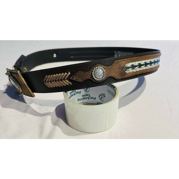 Nocona Belt Men 36 Brown Leather Western Cowboy Rodeo Silver/Gold Accent Aztec - Picture 12 of 15